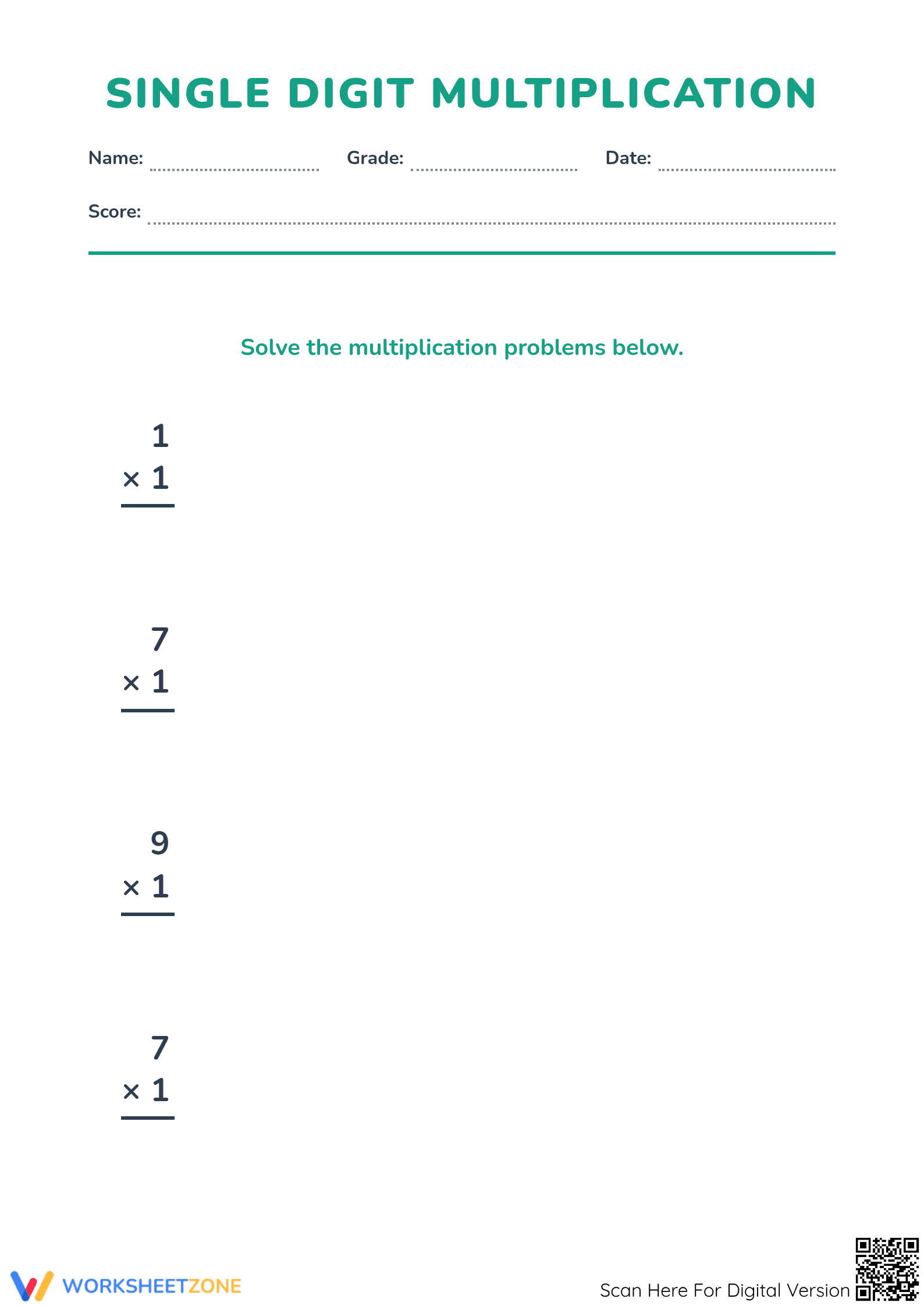 Printable Single Digit Multiplication Worksheet | Grade 3 - Page 1