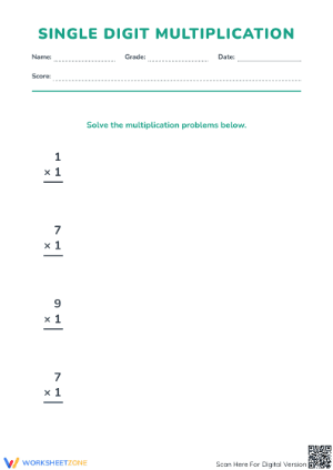 Printable Single Digit Multiplication Worksheet | Grade 3