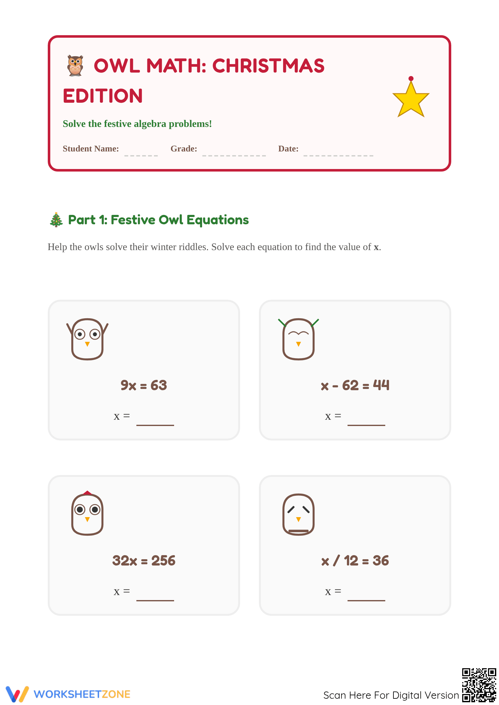 Printable Solving Equations Worksheet | Grade 5 Math - Page 1