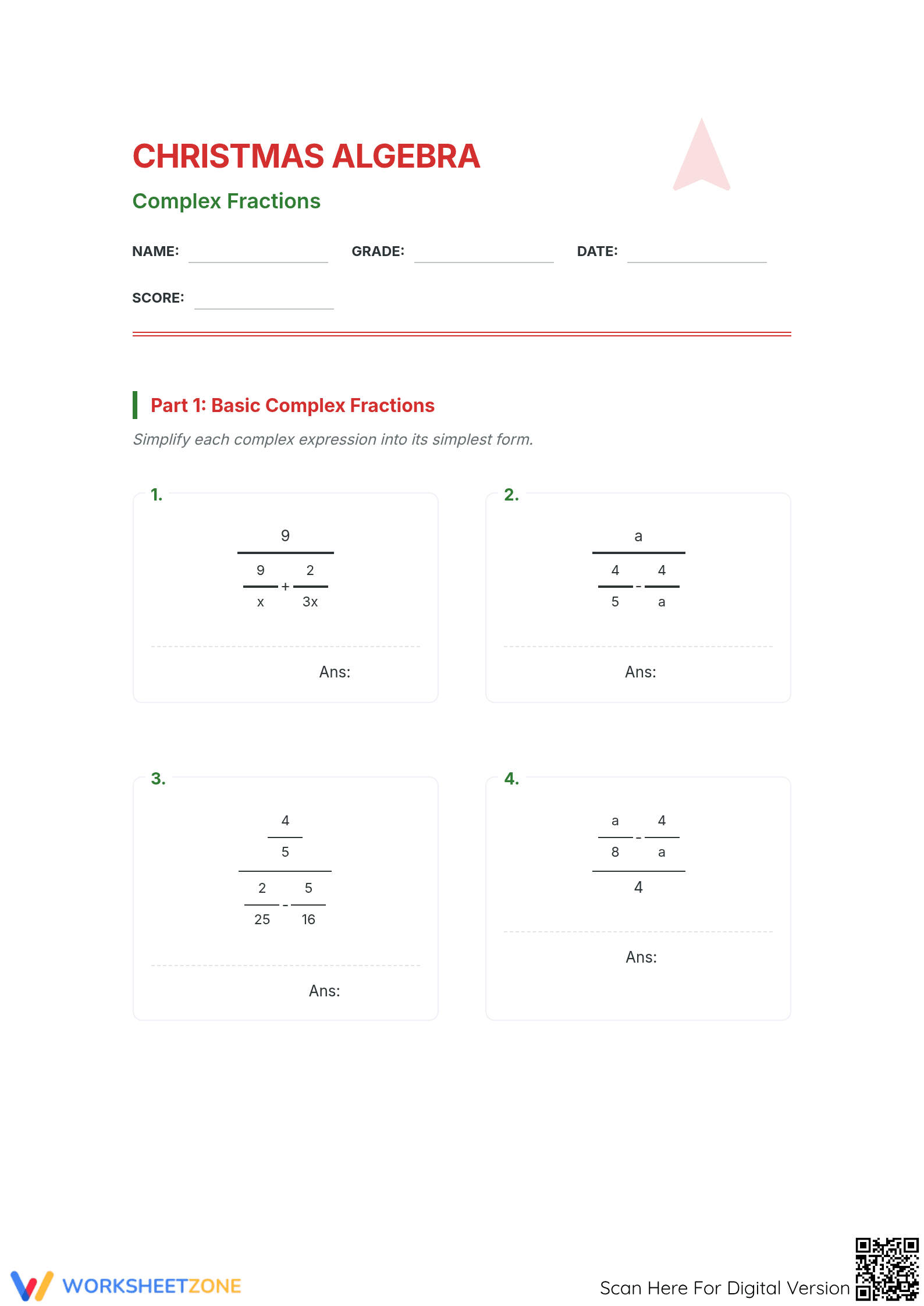 Printable Christmas Algebra: Complex Fractions Worksheet - Page 1
