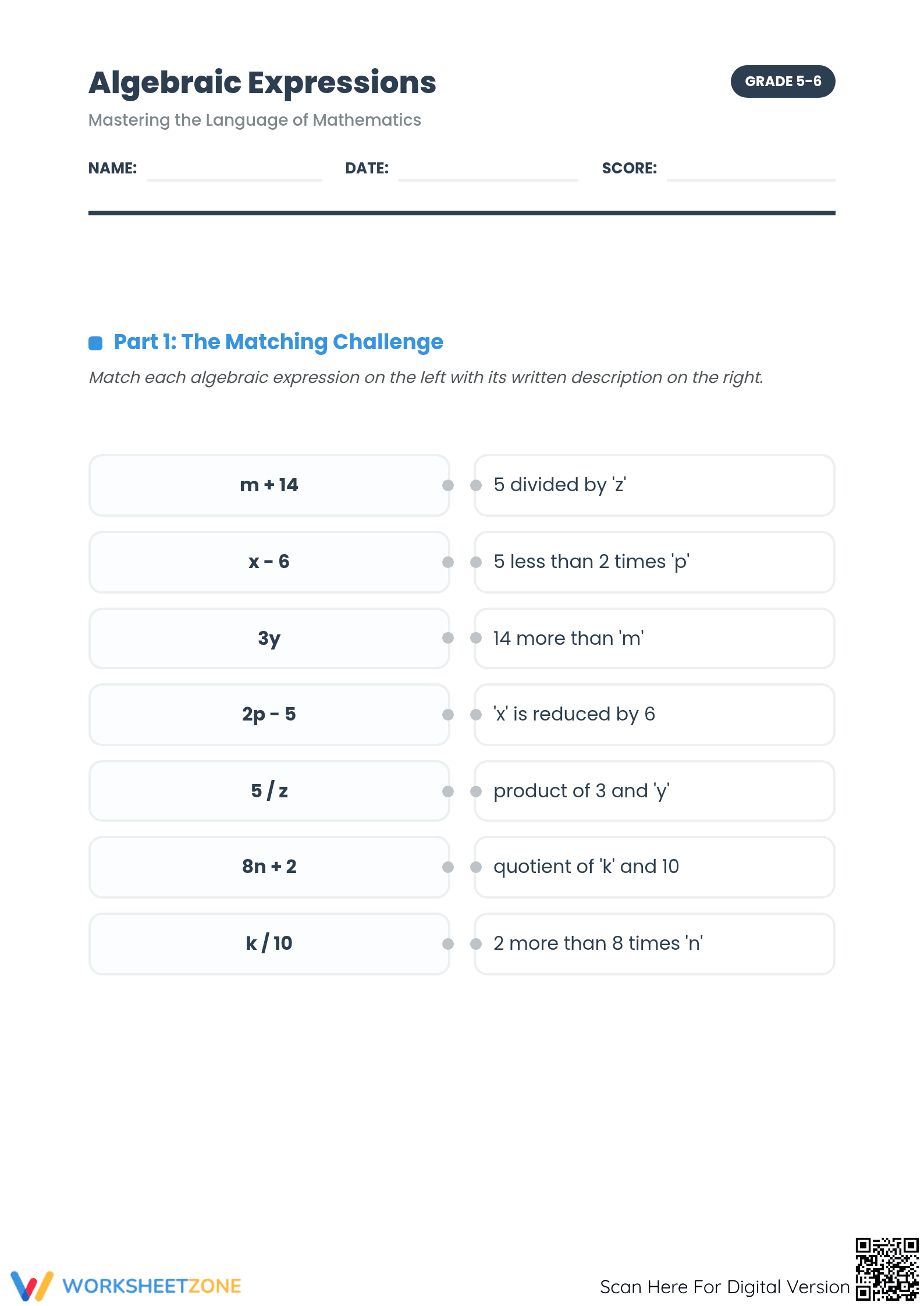 6.EE.A.2 Worksheet: Algebraic Expressions — Grade 6 Aligned - Page 1