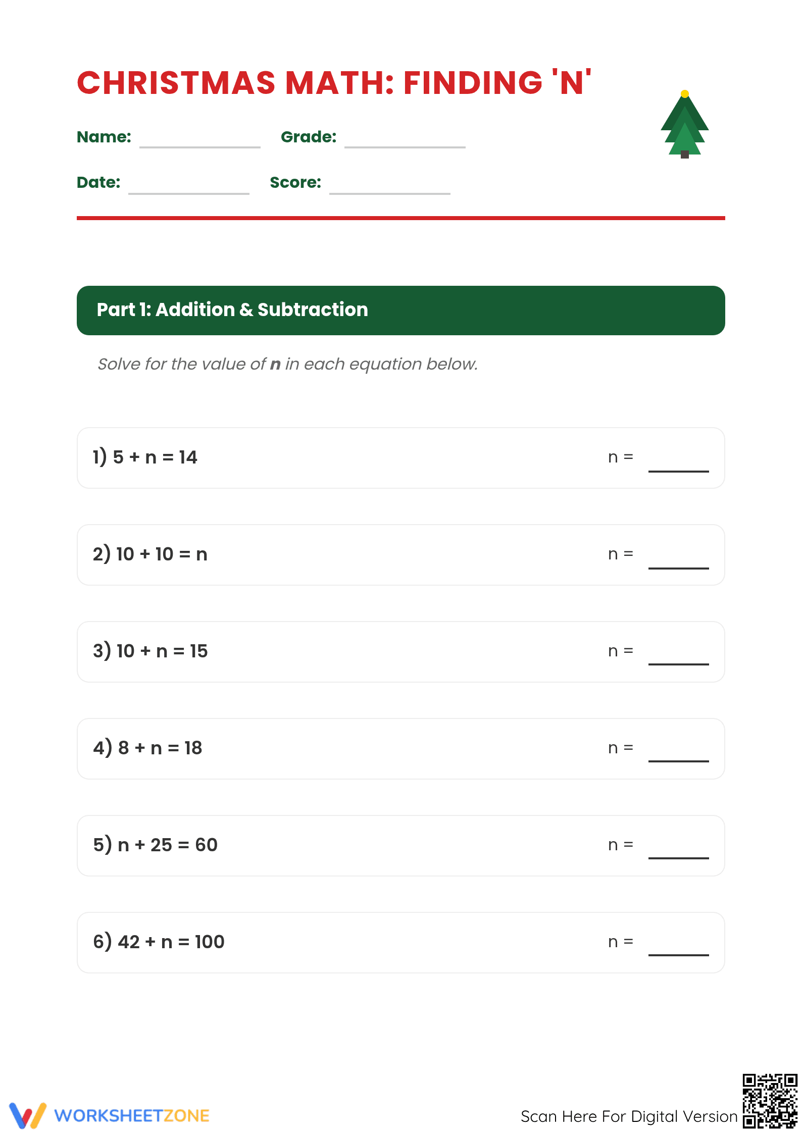 Grade 6 Christmas Algebra — Printable No-Prep Worksheet - Page 1