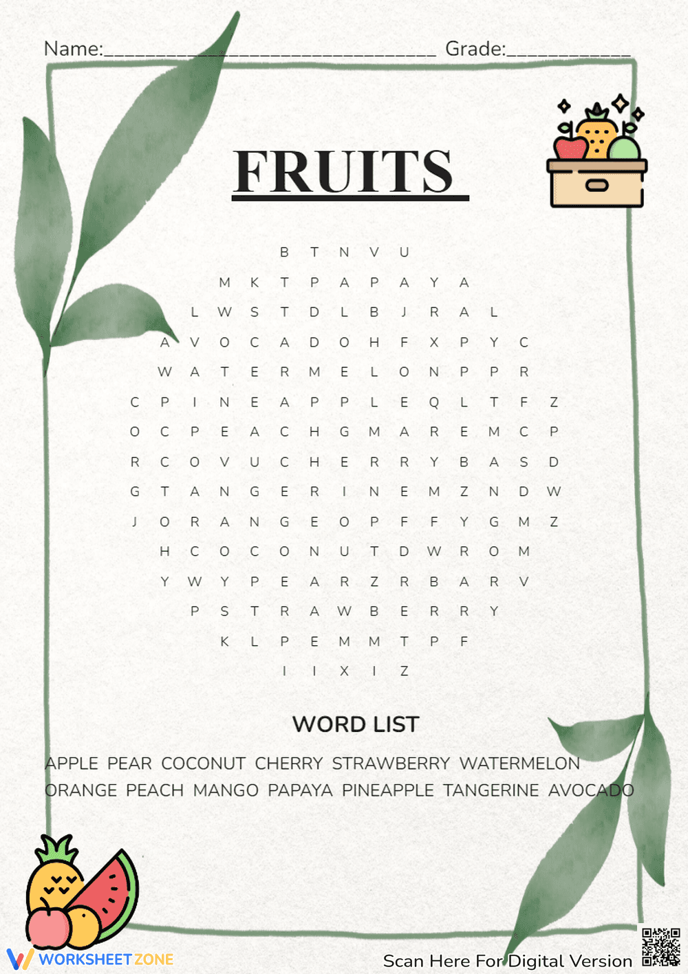 Fruits Word Search Worksheet | Grade 5 Essential - Page 1