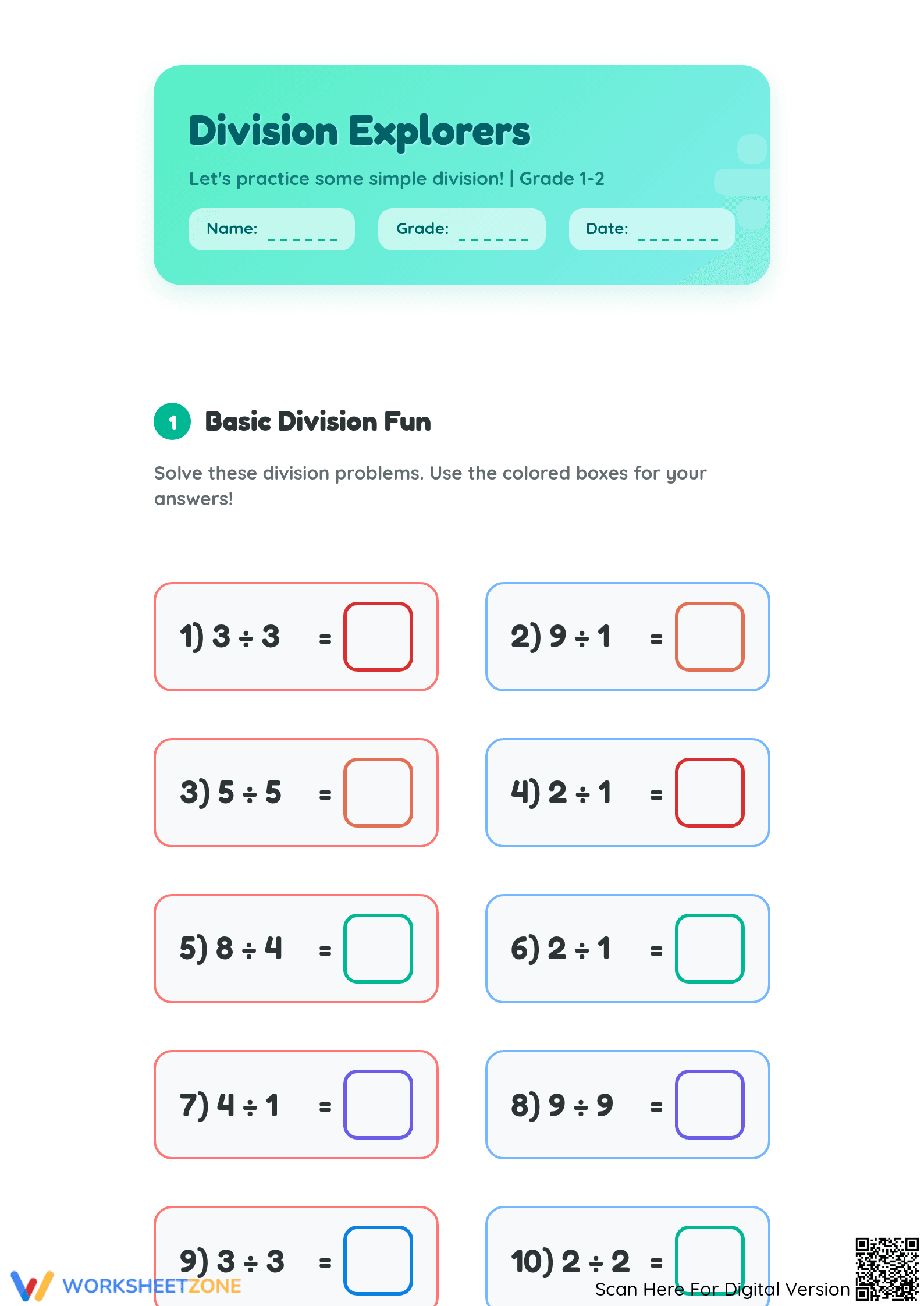 Grade 1-2 Division — Printable No-Prep Worksheet - Page 1