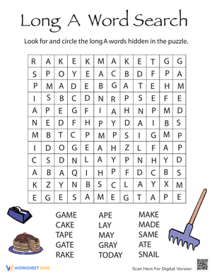 Grade 1 Long A Word Search — Printable No-Prep Worksheet