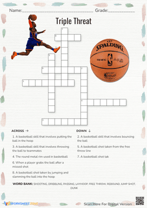 Basketball Crossword Worksheet | Grade 1-3 Printable
