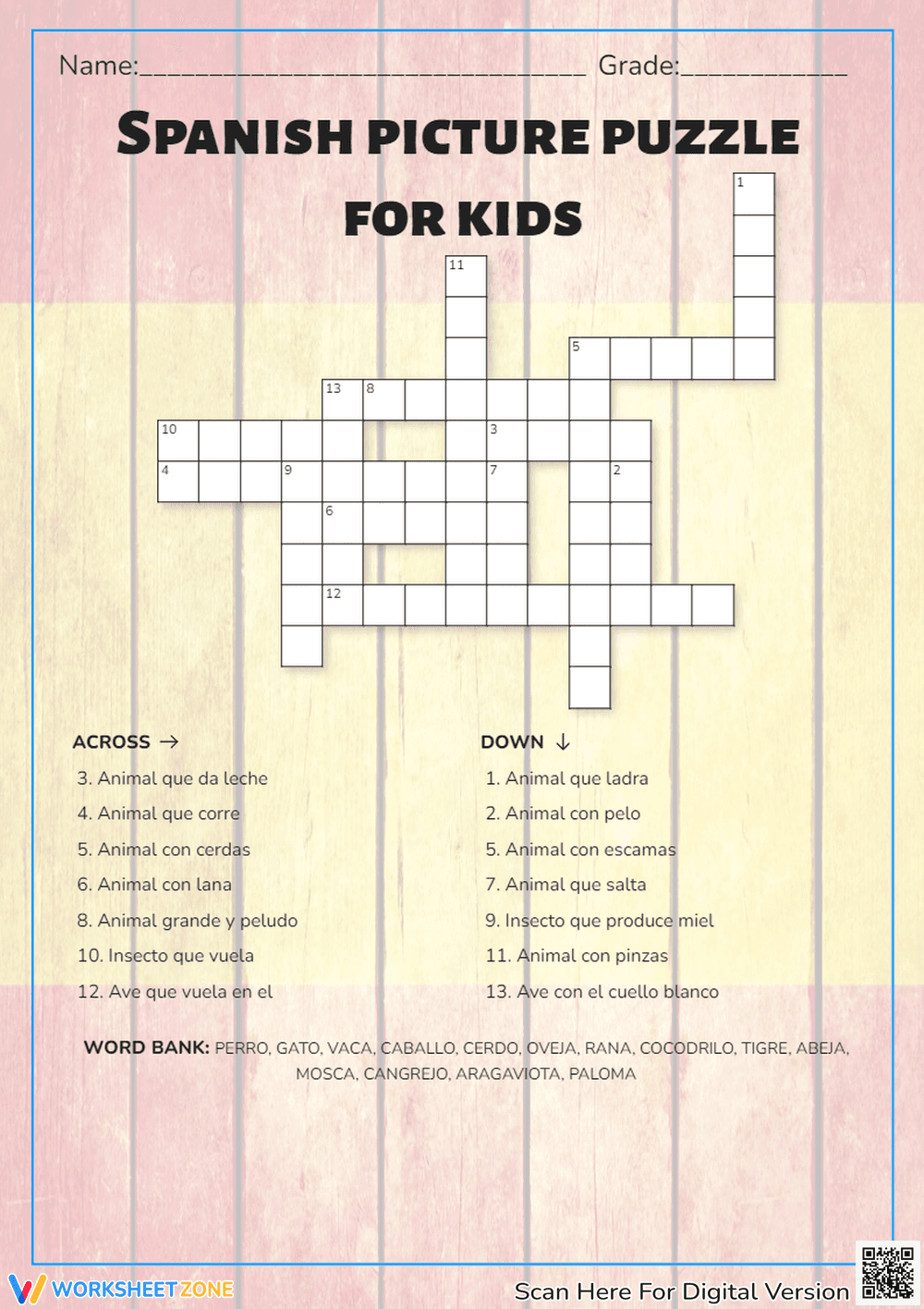 Spanish Vocabulary Picture Crossword - Page 1