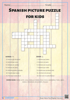 Spanish Vocabulary Picture Crossword