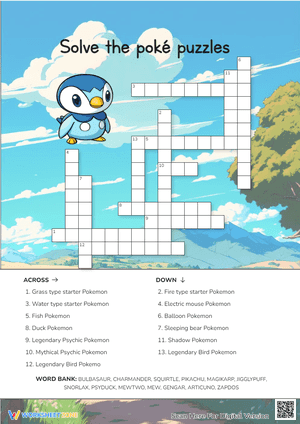 Poké Crossword Puzzle | Grade 1-3 Printable