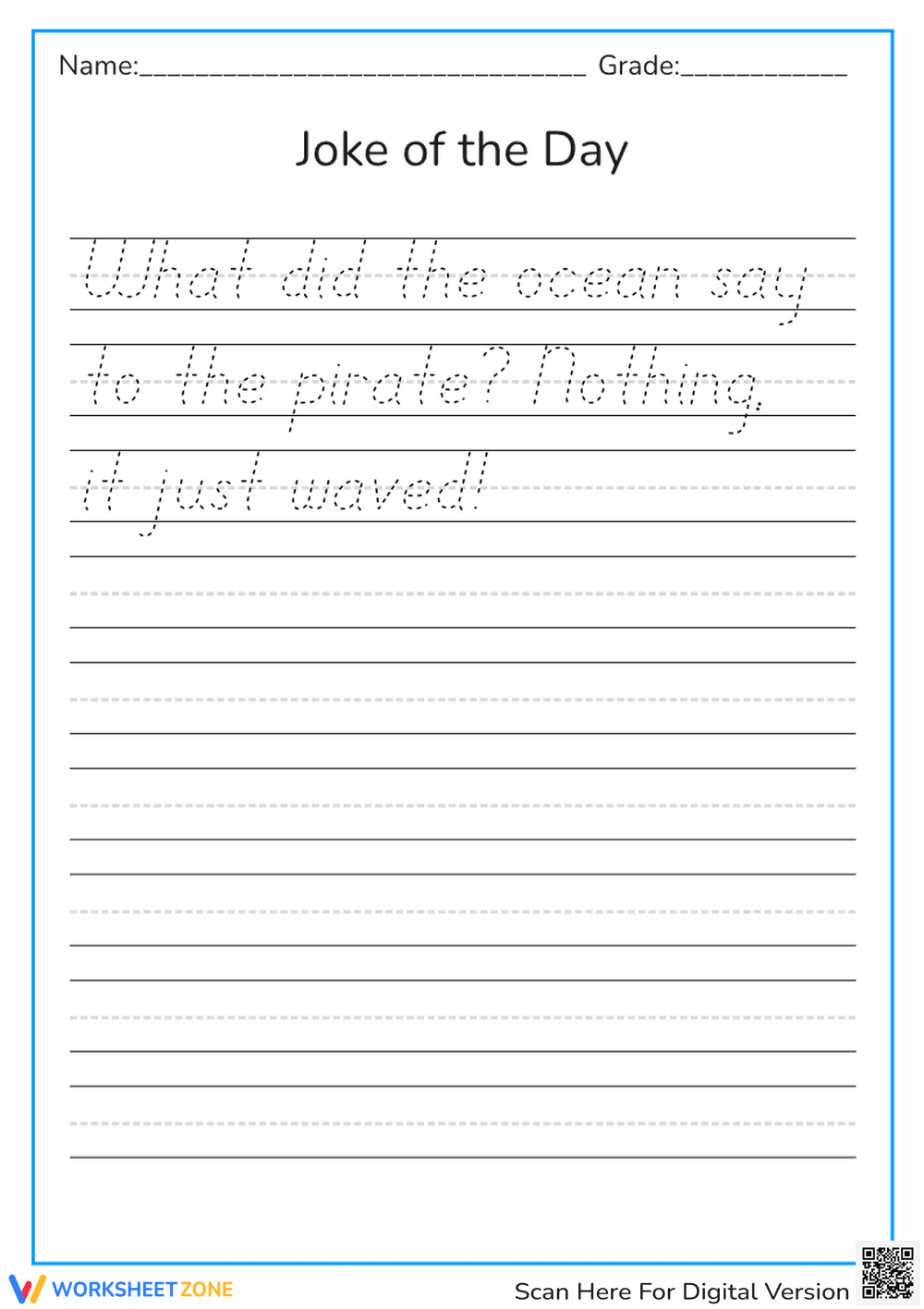 Cursive Paragraph: Funny Joke Worksheet - Page 1