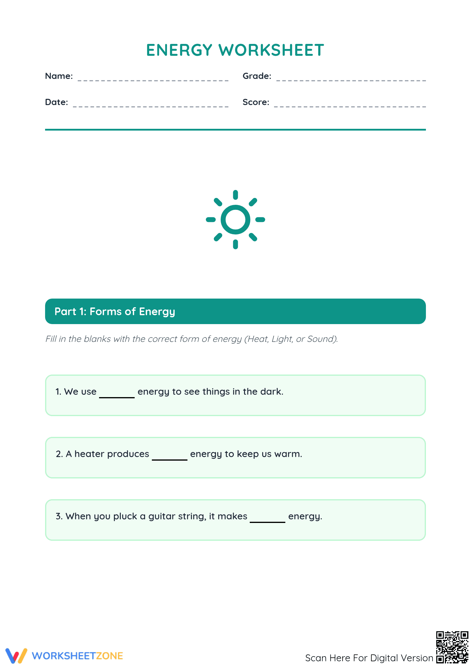 Energy Worksheet Cut and Paste Activity - Page 1