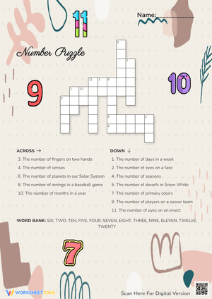 Printable Number Crossword Puzzle for Grades 1-2