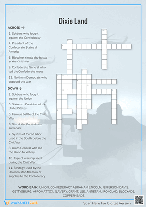 Dixie Land Civil War Crossword — Printable Grade 5
