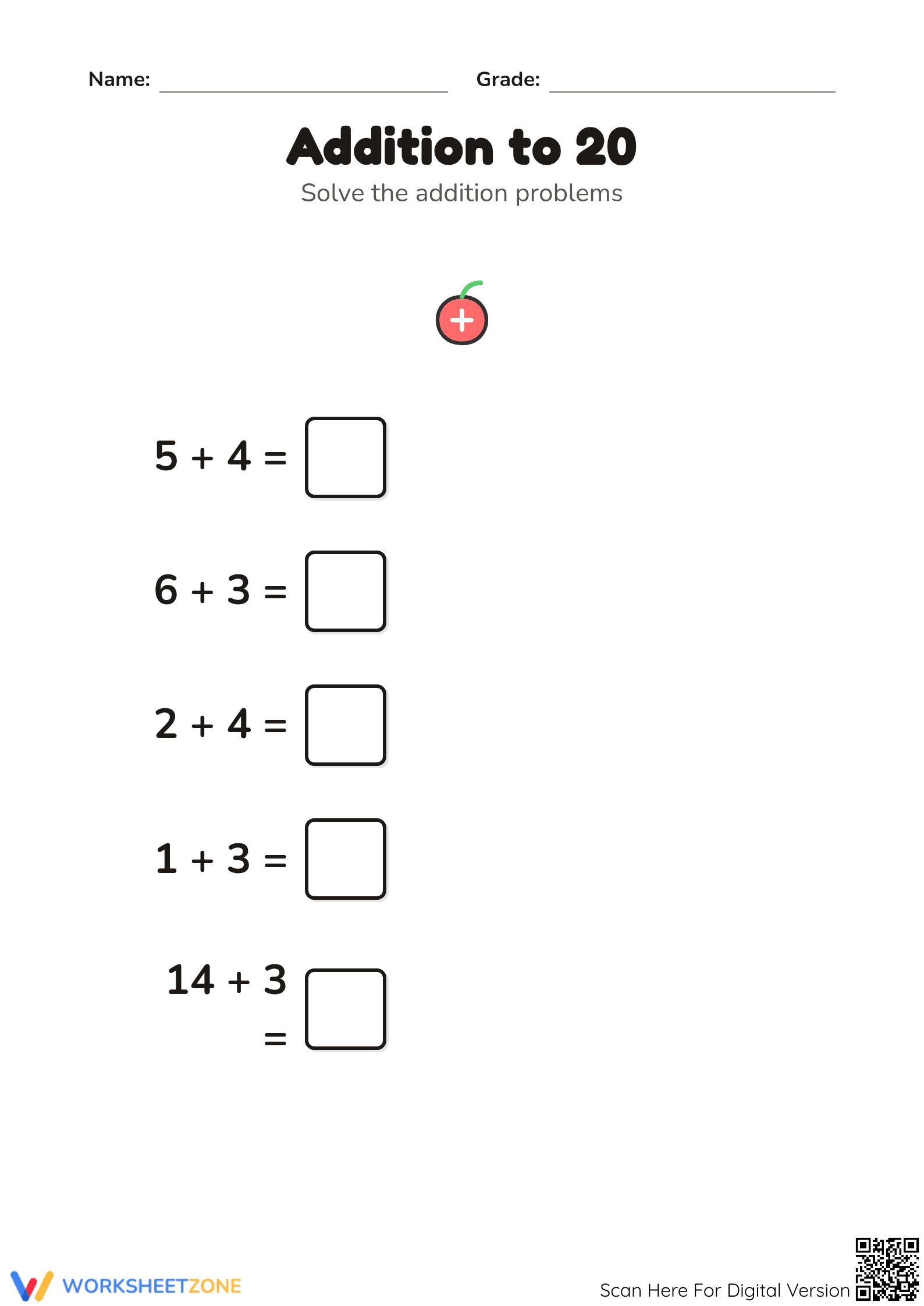 Grade 1 Addition to 20 — Printable No-Prep Worksheet - Page 1