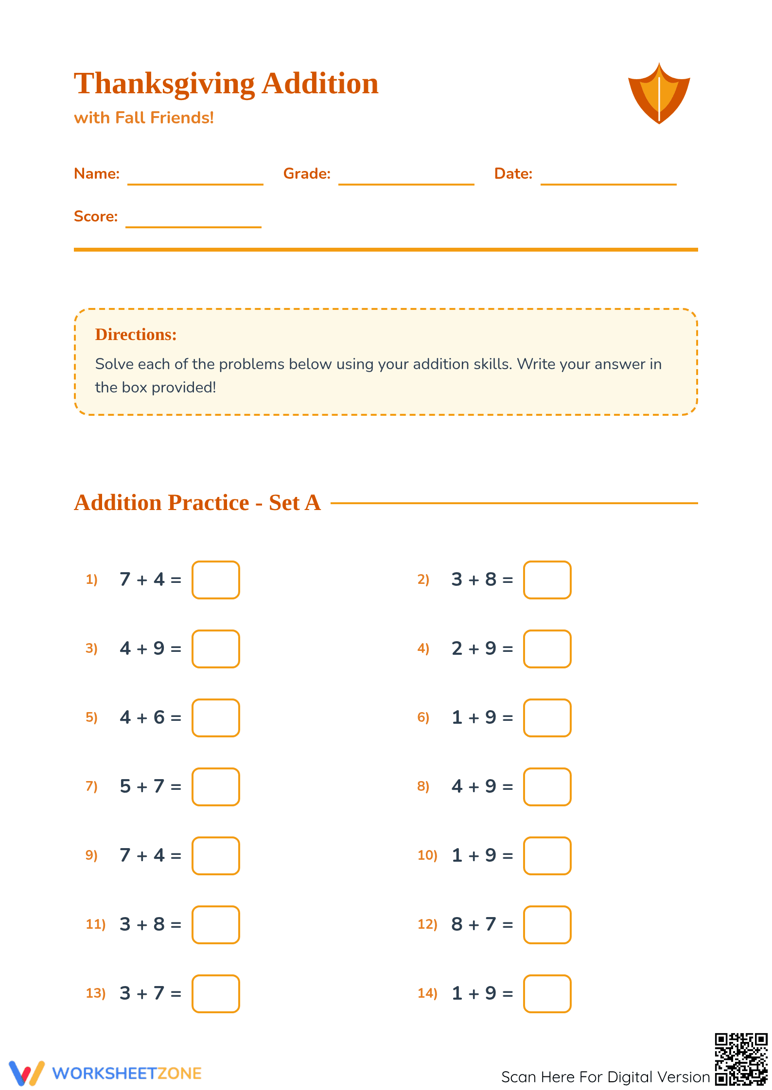 Autumn Addition Worksheet | Grade 1 Printable Math - Page 1