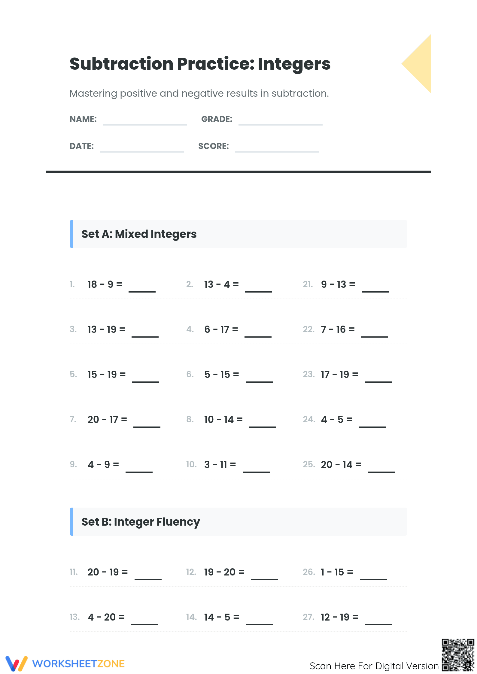 Printable Subtract Integers Worksheet | Grade 7 Aligned - Page 1