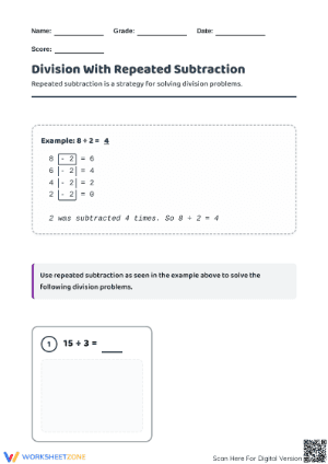 Printable Division with Repeated Subtraction | Grade 3 Math