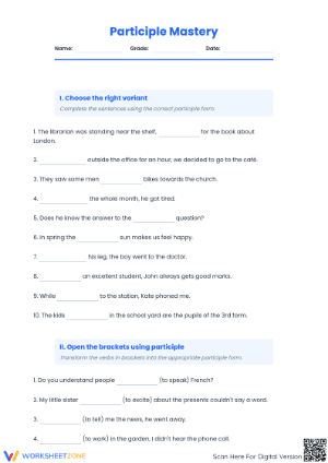 Participles Grammar Practice | Grade 7 Printable