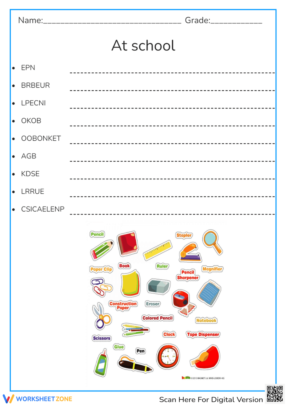 School Supplies Word Scramble | Grade 2 Printable - Page 1