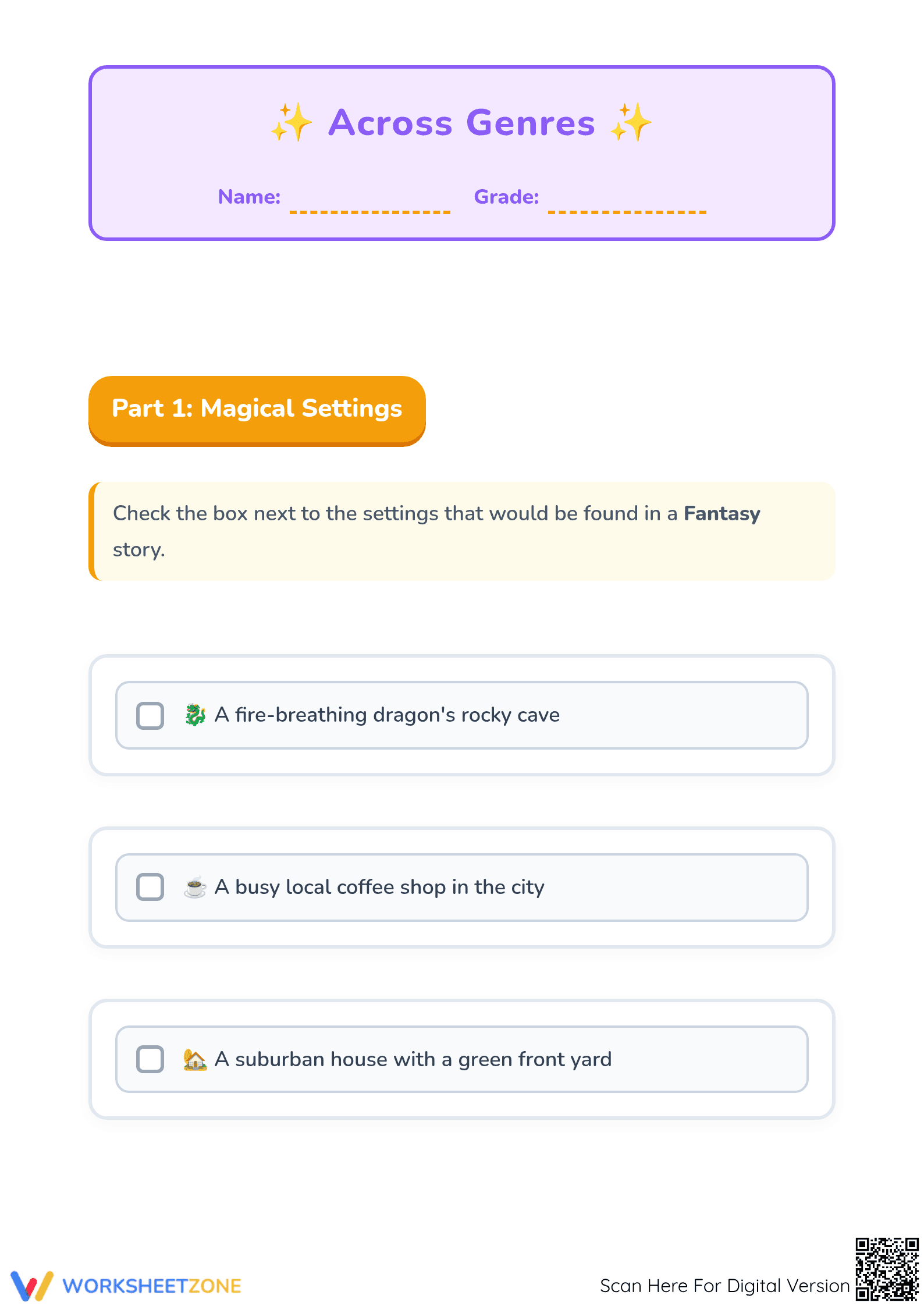 Fantasy Story Settings & Genre ID Worksheet - Reading Activity - Page 1