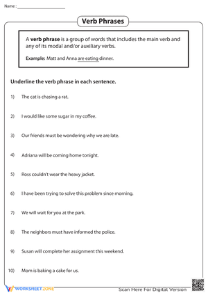 Printable Verb Phrases Worksheet | Grades 5-7 ELA
