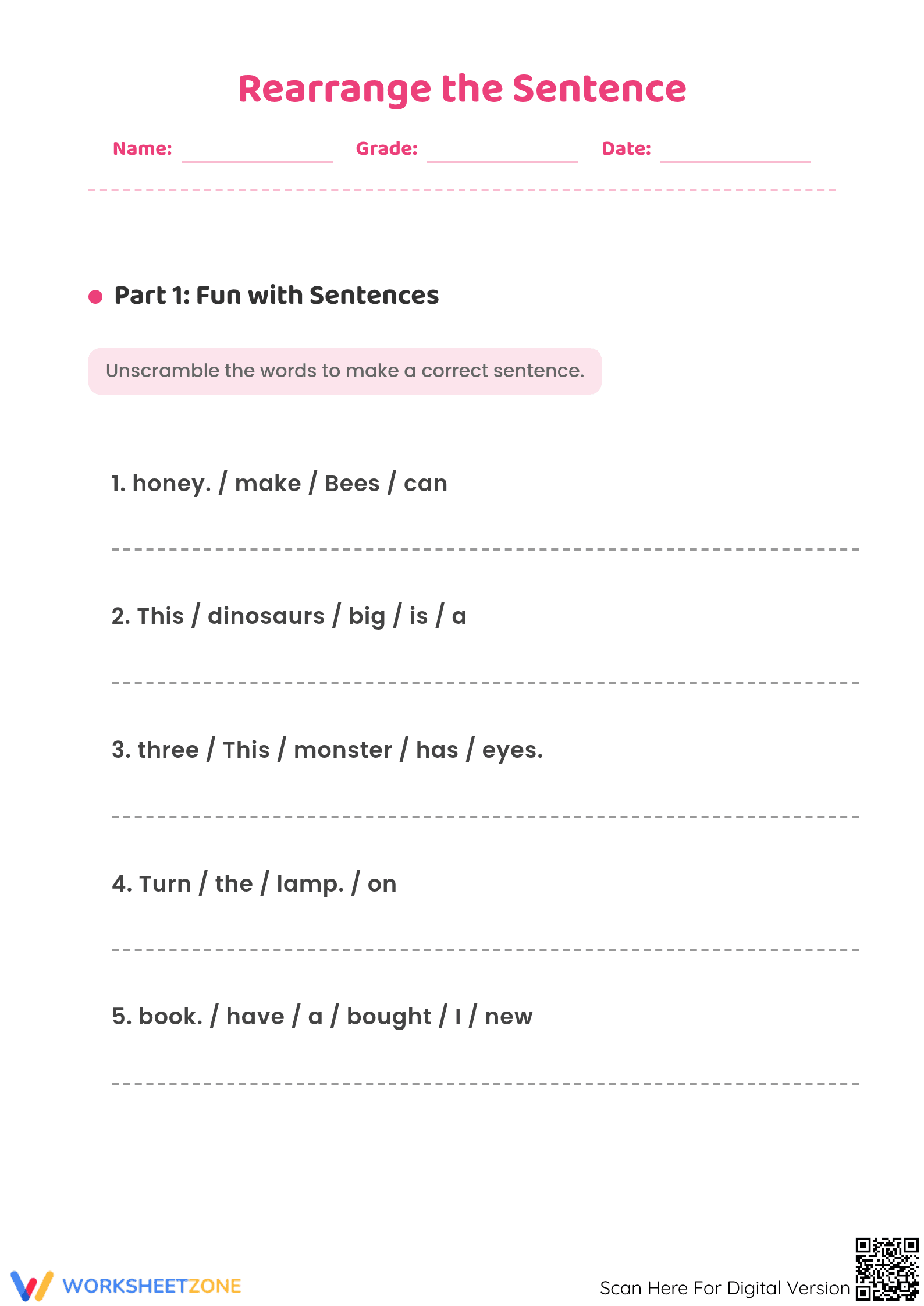 Rearrange the Sentence - Grammar Practice 1st-3rd Grade - Page 1