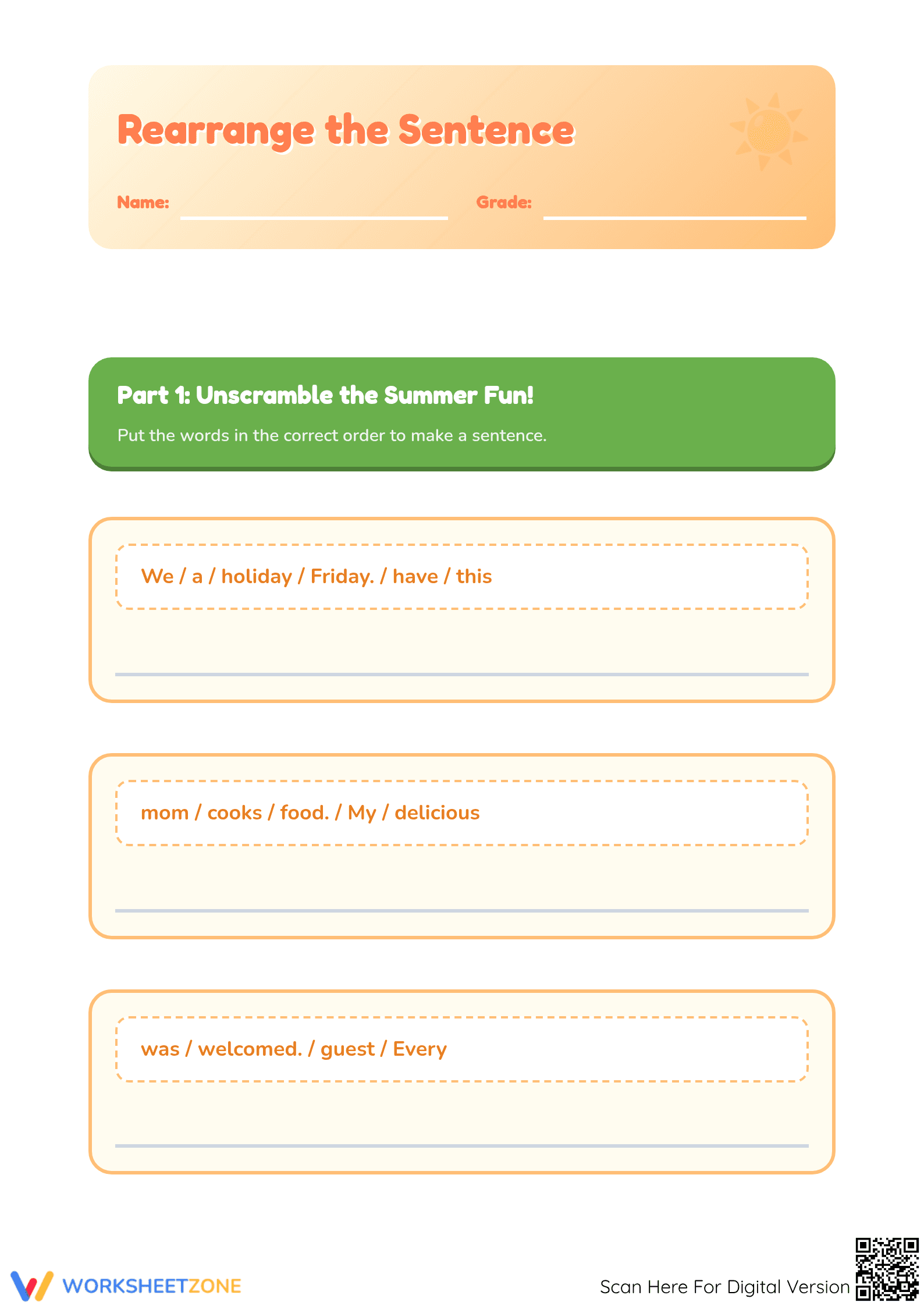 Rearrange the Sentence: Grammar Skills Practice Worksheet for Kids - Page 1