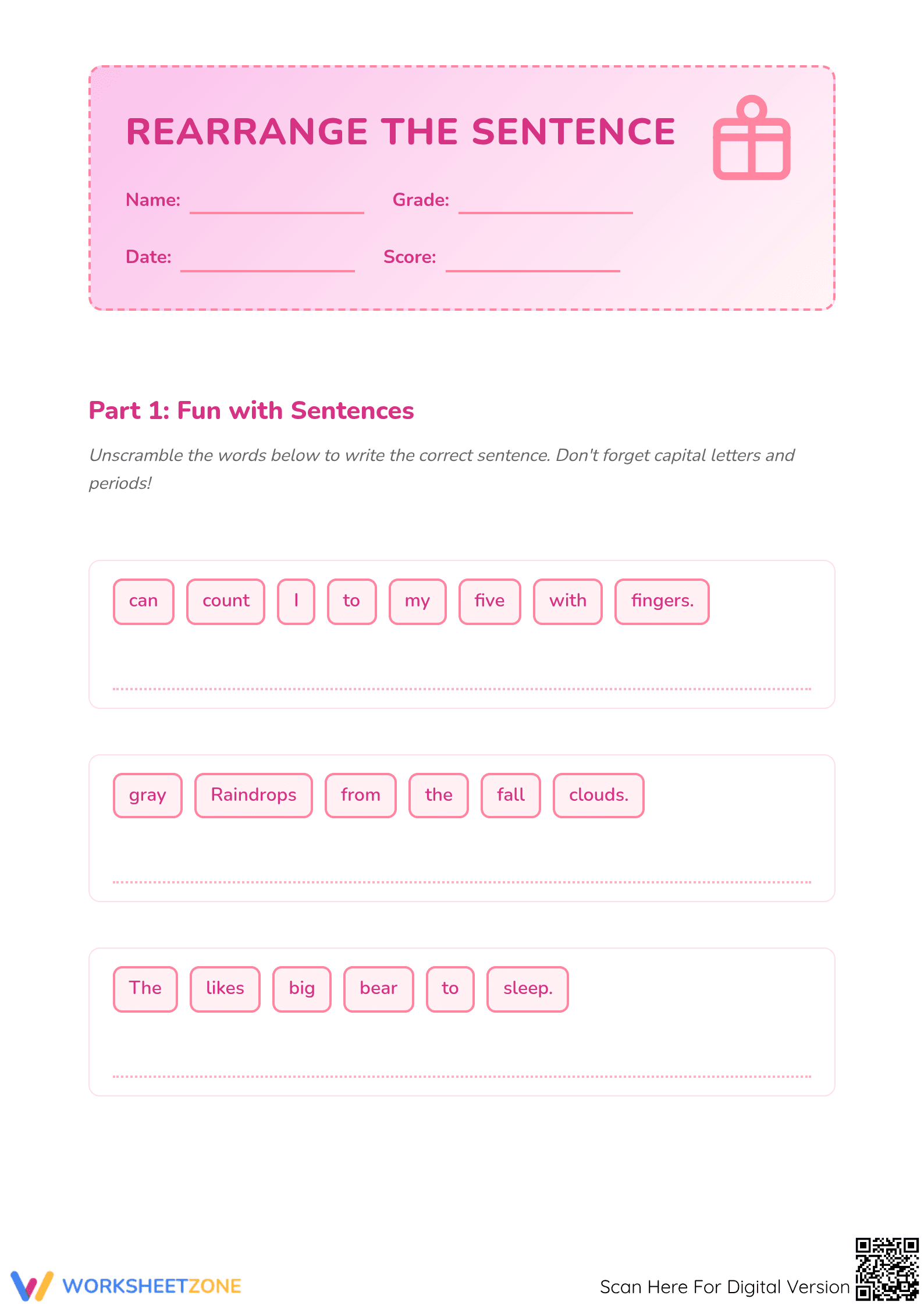 Rearrange Sentences Worksheet - Grammar Practice for Grades 1-3 - Page 1