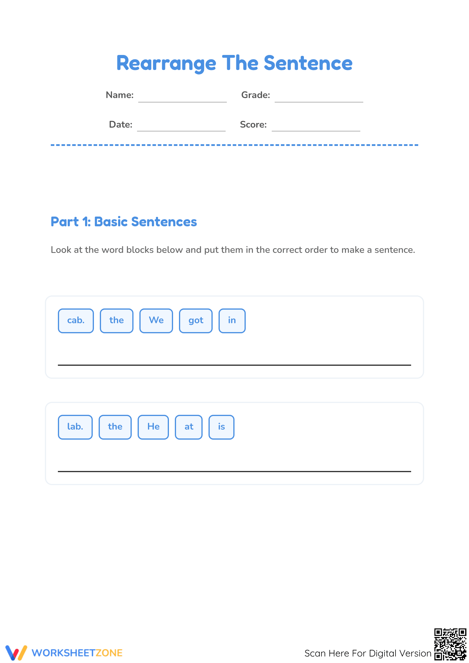 Sentence Scramble - Basic Sight Words Practice for K/1 Kids - Page 1