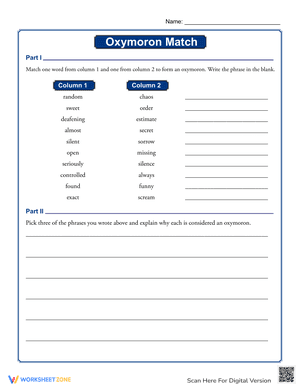 Matching Oxymorons: A Fun Language Worksheet