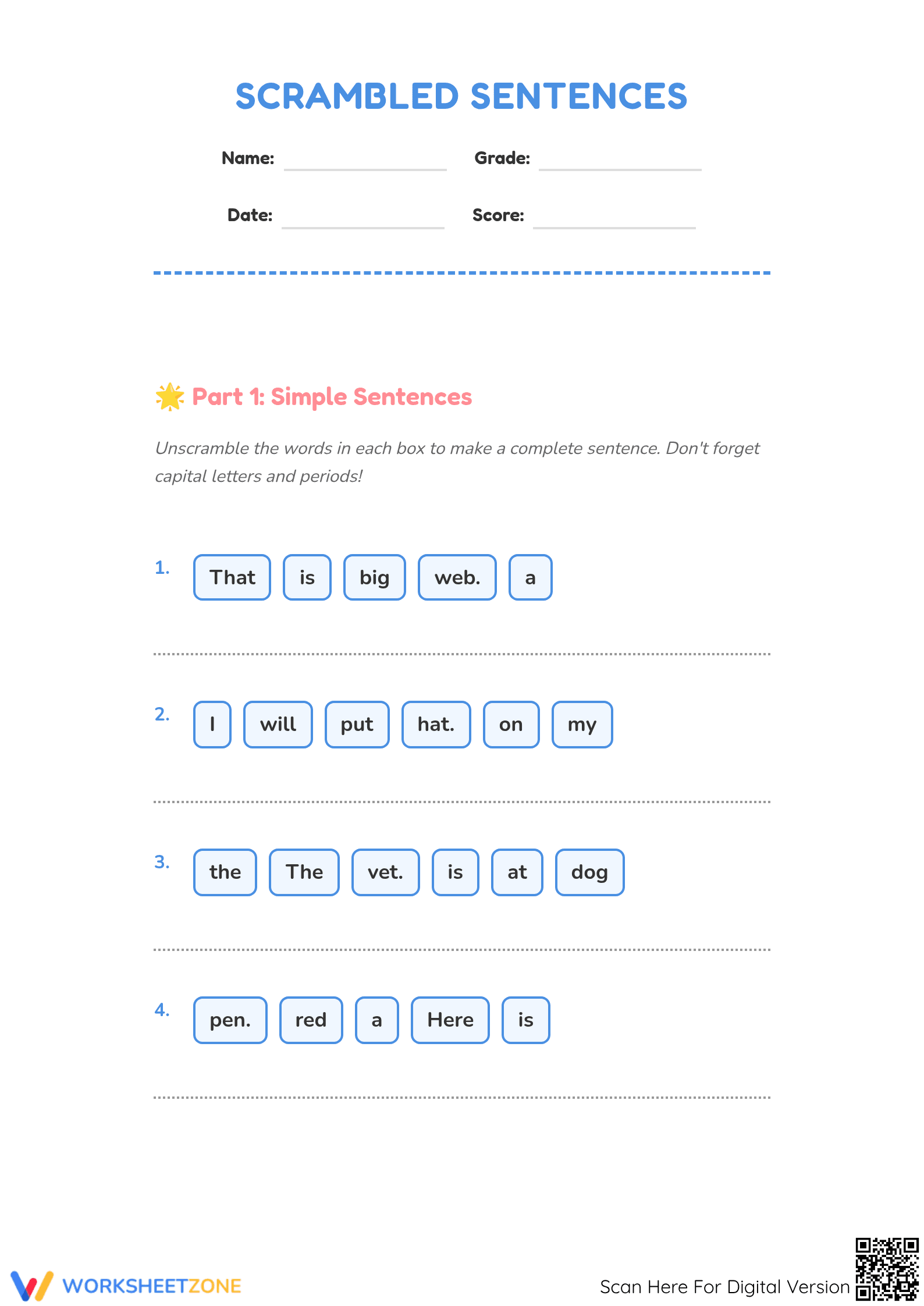 Unscramble The Sentences Grammar Practice Worksheet - Page 1