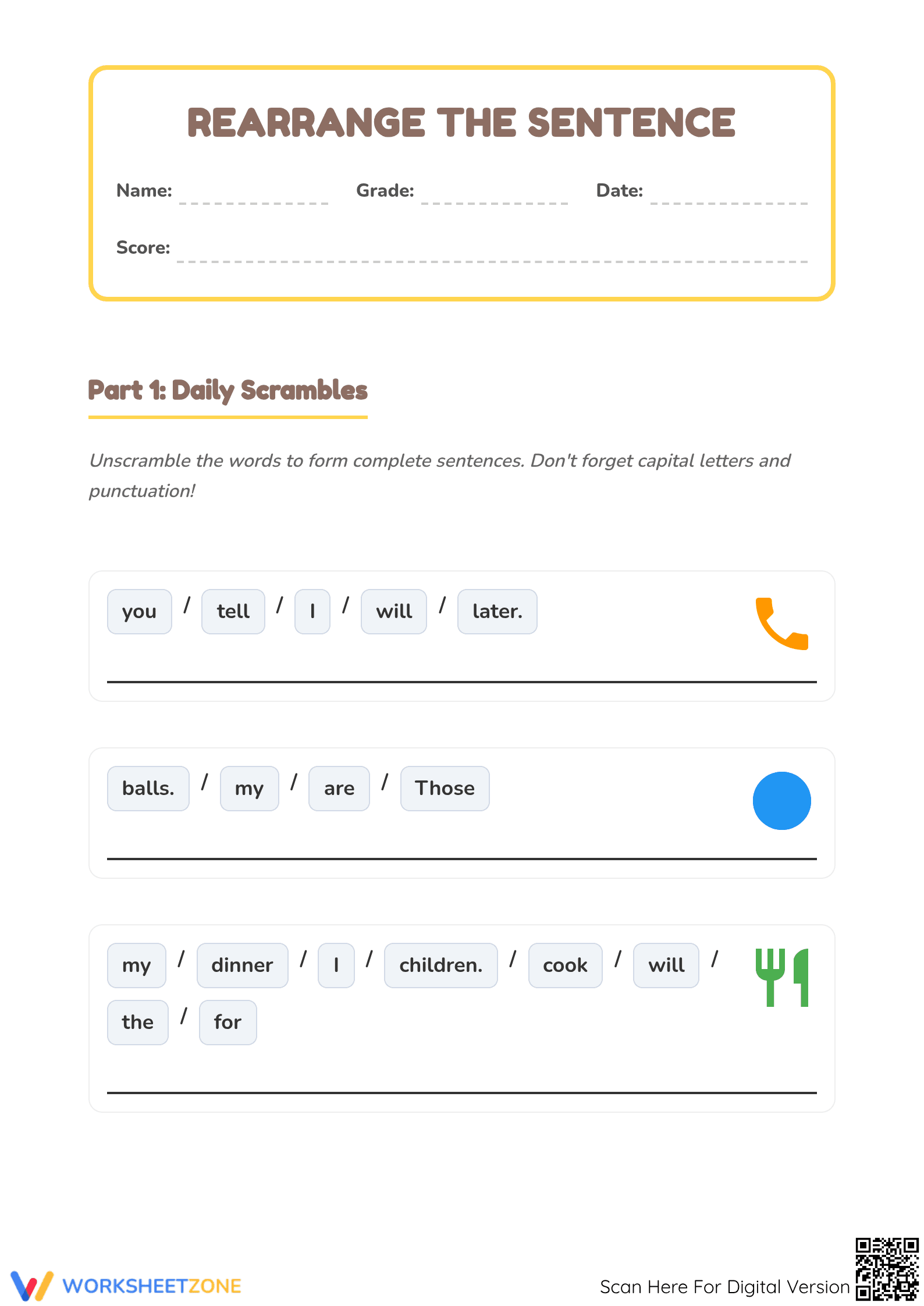 Scrambled Sentences - Grammar Practice for Kids (Grades 1-3) - Page 1