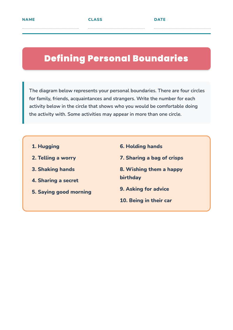 Defining Personal Boundaries Worksheet for Grade 3 - Page 1