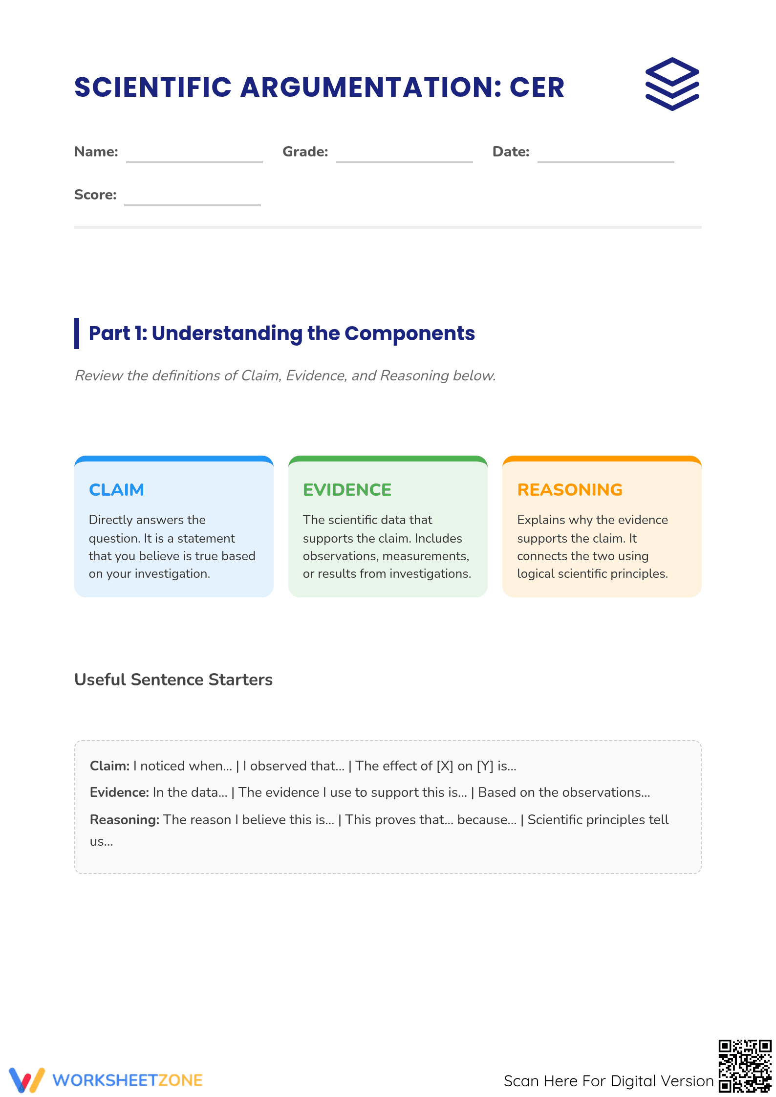 Claim, Evidence, Reasoning Worksheet - Scientific Method Practice - Page 1