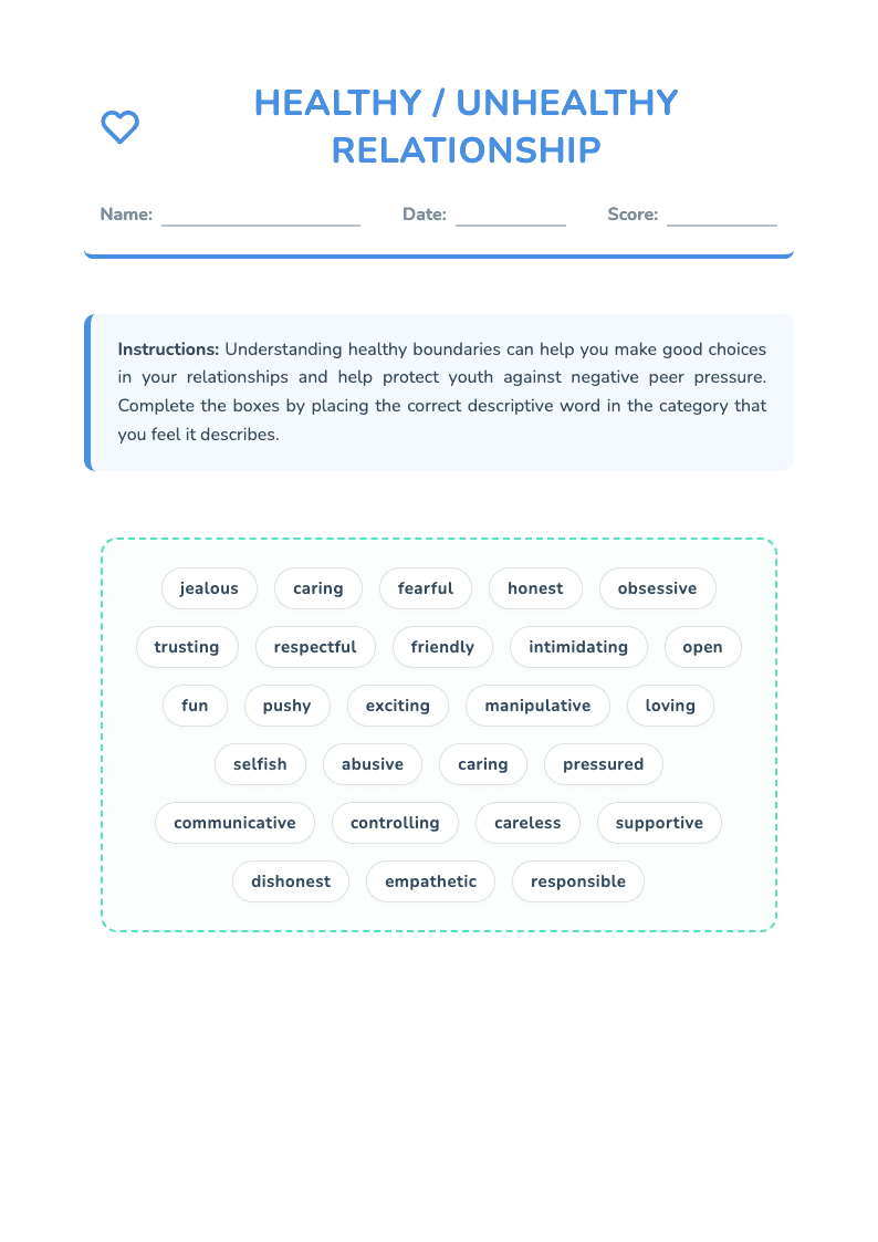 Healthy vs. Unhealthy Relationships Worksheet - Boundaries - Page 1