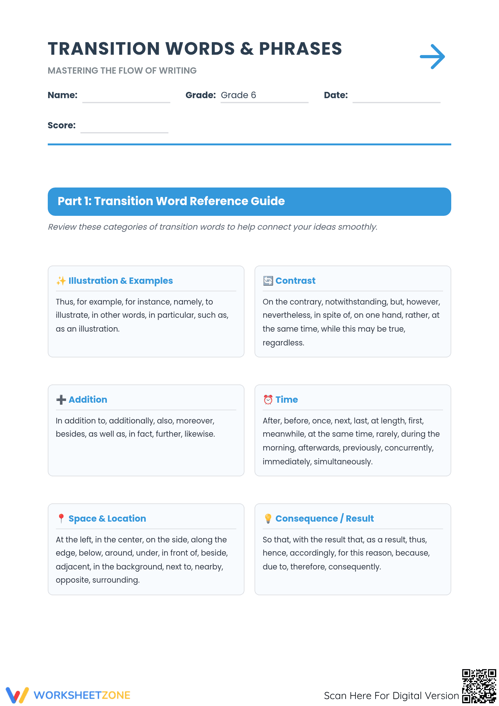 Transition Words Worksheet | Grade 6 Essential Guide - Page 1