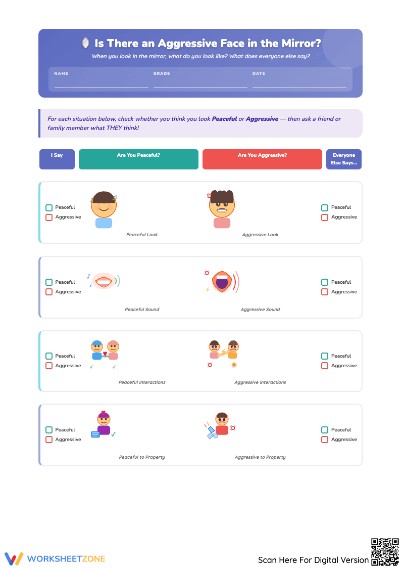 Aggressive or Peaceful Behavior Reflection Worksheet - Page 1