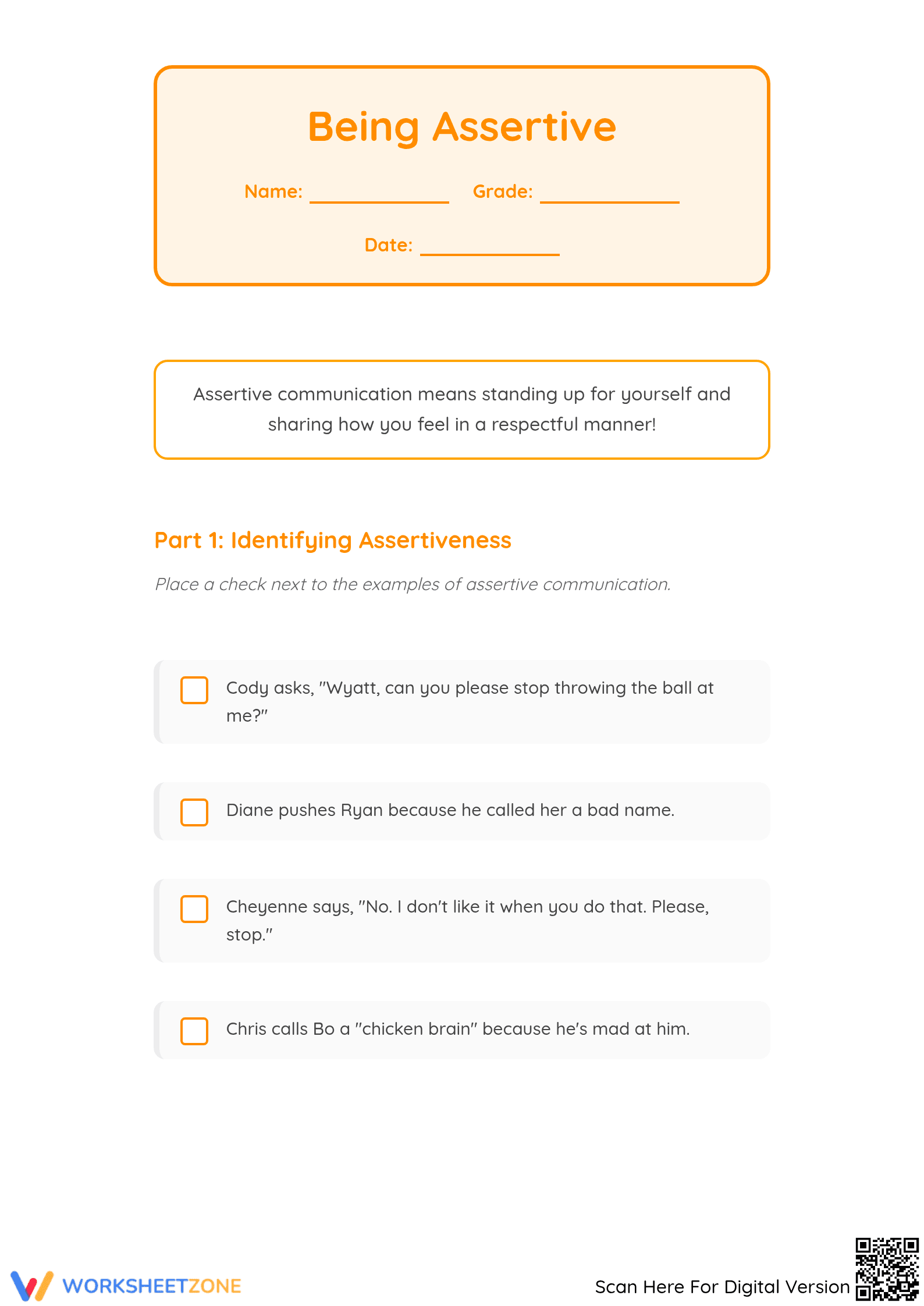 Assertive Communication Scenarios - Social Skills Worksheet - Page 1