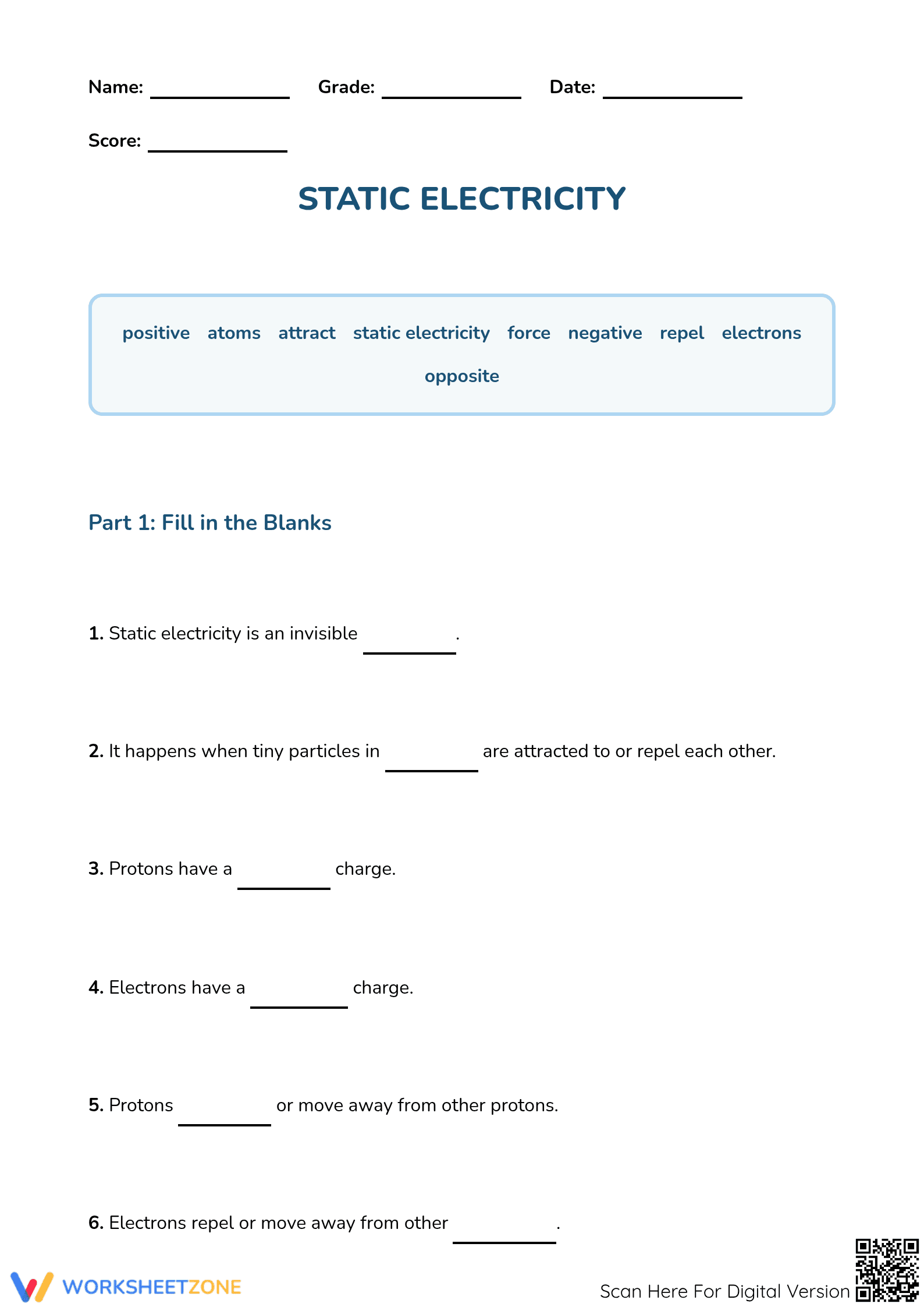 Learn About Static Electricity – Fill in the Blanks Activity - Page 1