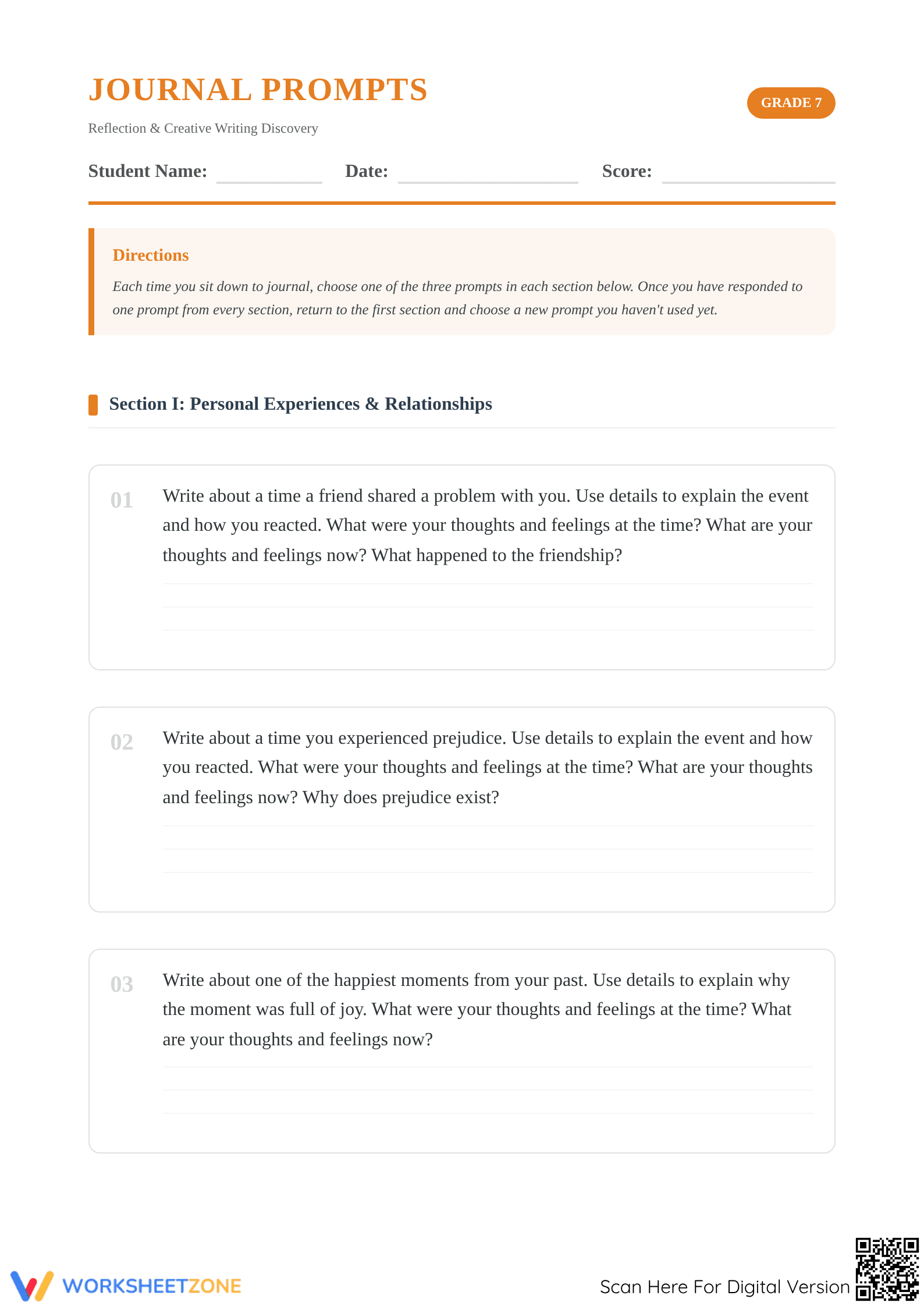 Grade 7 Journal Prompts — Printable No-Prep Worksheet - Page 1