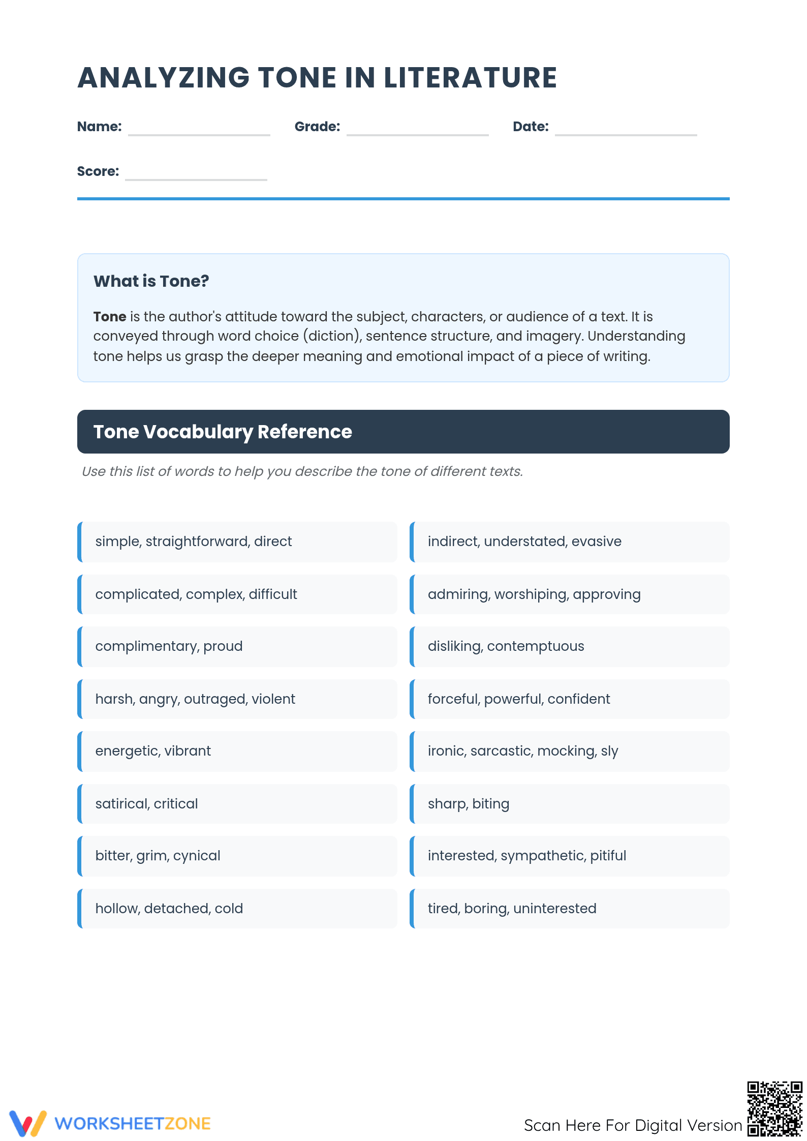 Analyzing Tone Worksheet | Grade 7 Essential ELA Guide - Page 1