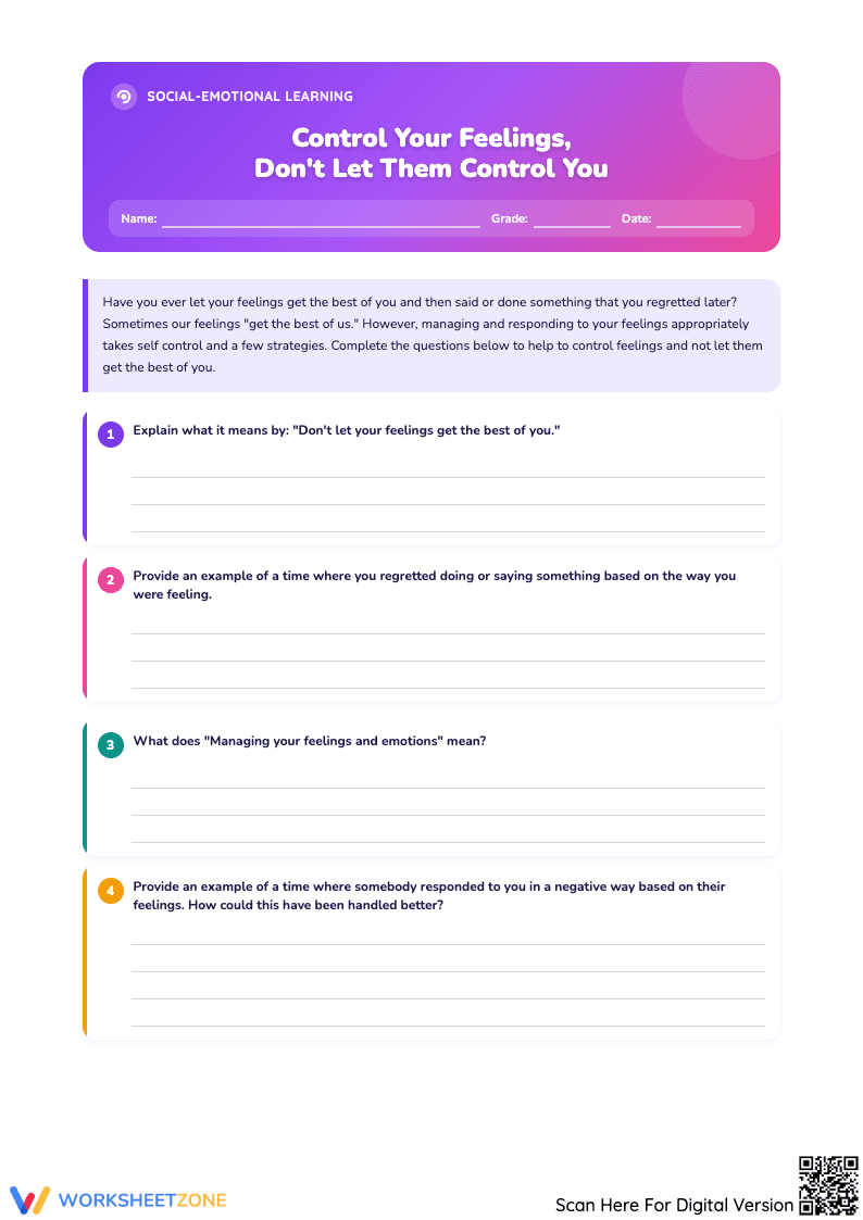 Feelings Control Worksheet: Emotional Regulation & Self-Control Guide - Page 1