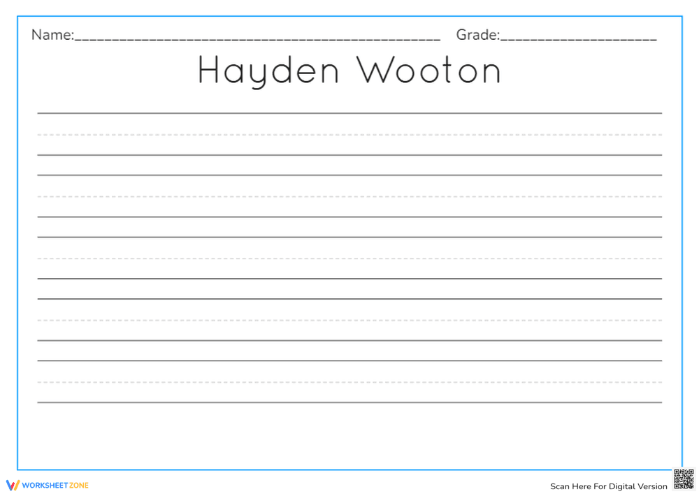 Printable Name Writing Worksheet for Hayden Wooton - Page 1