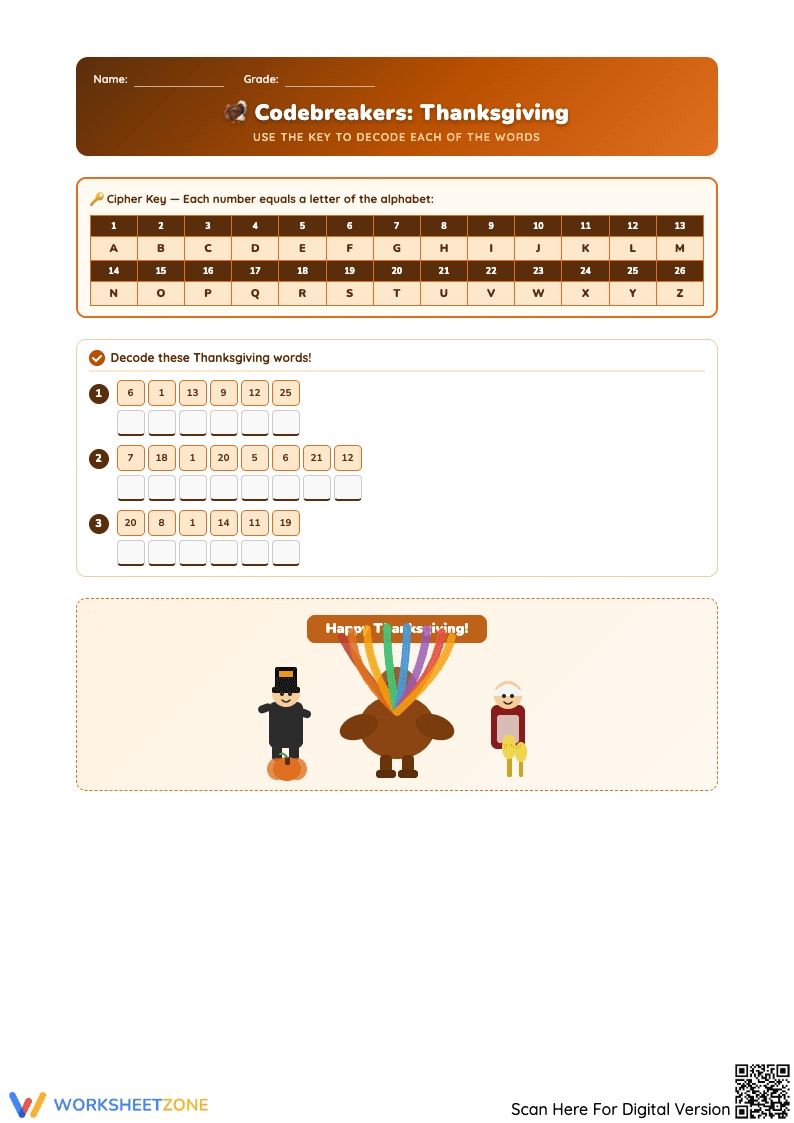Thanksgiving Codebreaker Worksheet - Decode Holiday Words! - Page 1
