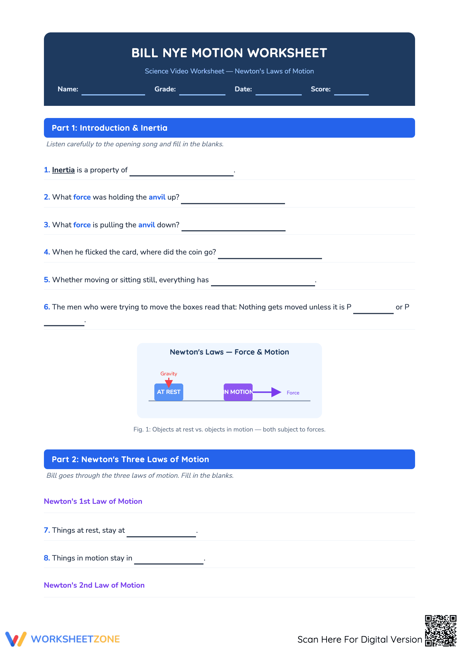 Bill Nye Motion Worksheet - Page 1