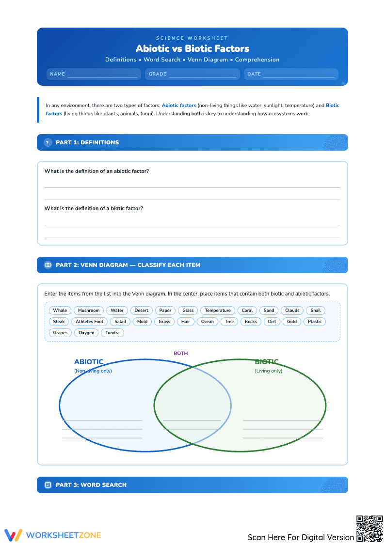 Abiotic & Biotic Factors Worksheet: Ecosystems & Venn Diagram - Page 1