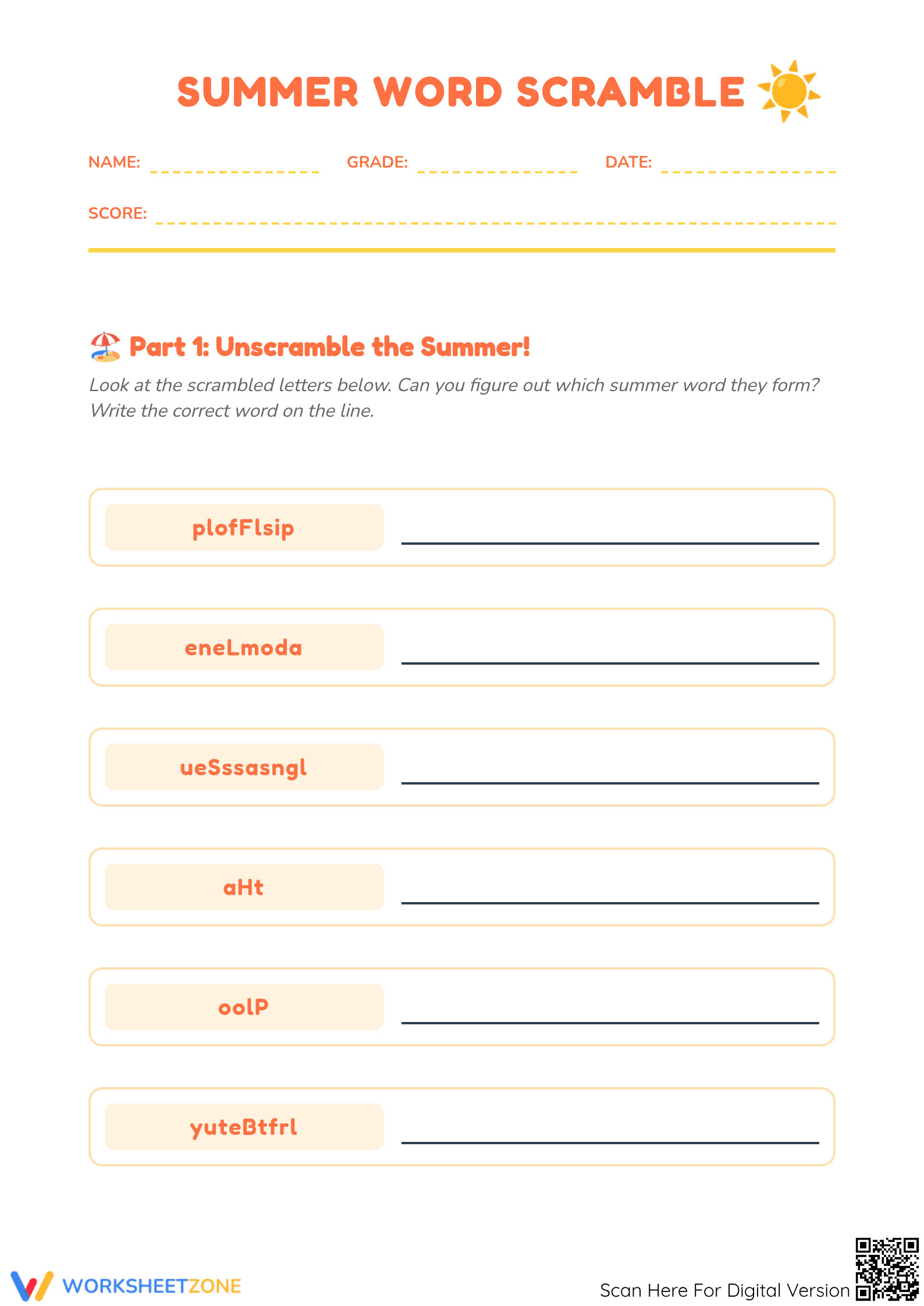 Summer Word Scramble Worksheet | Grade 3-4 Essential - Page 1