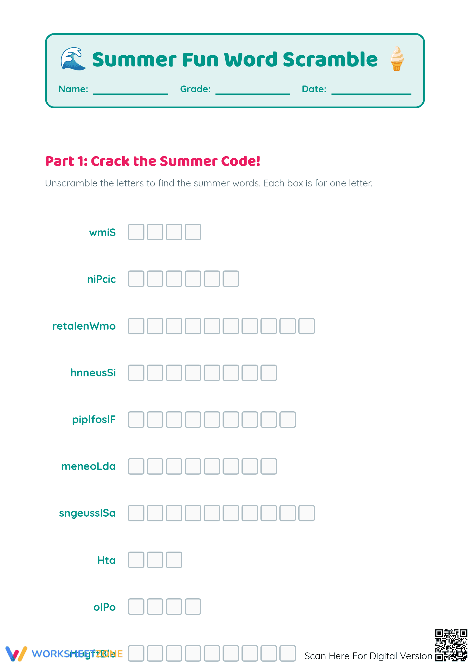 Grade 4 Summer Word Scramble — Printable No-Prep Worksheet - Page 1