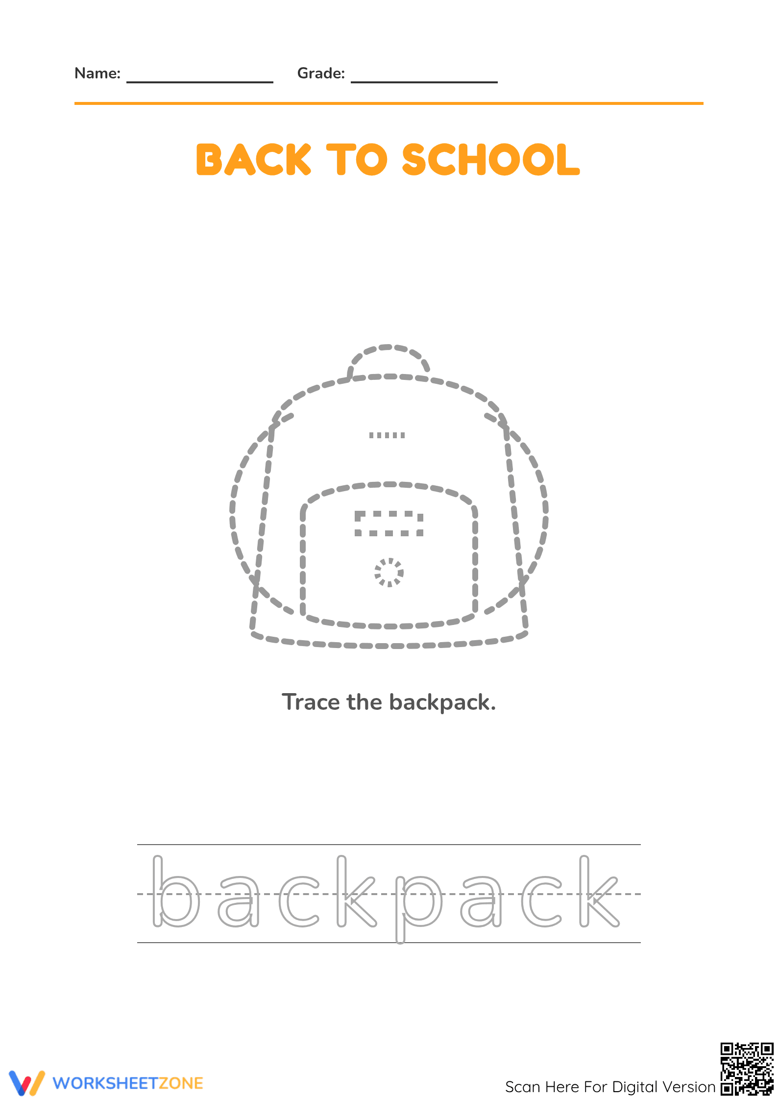 Printable Backpack Tracing Worksheet | Pre-K & K - Page 1