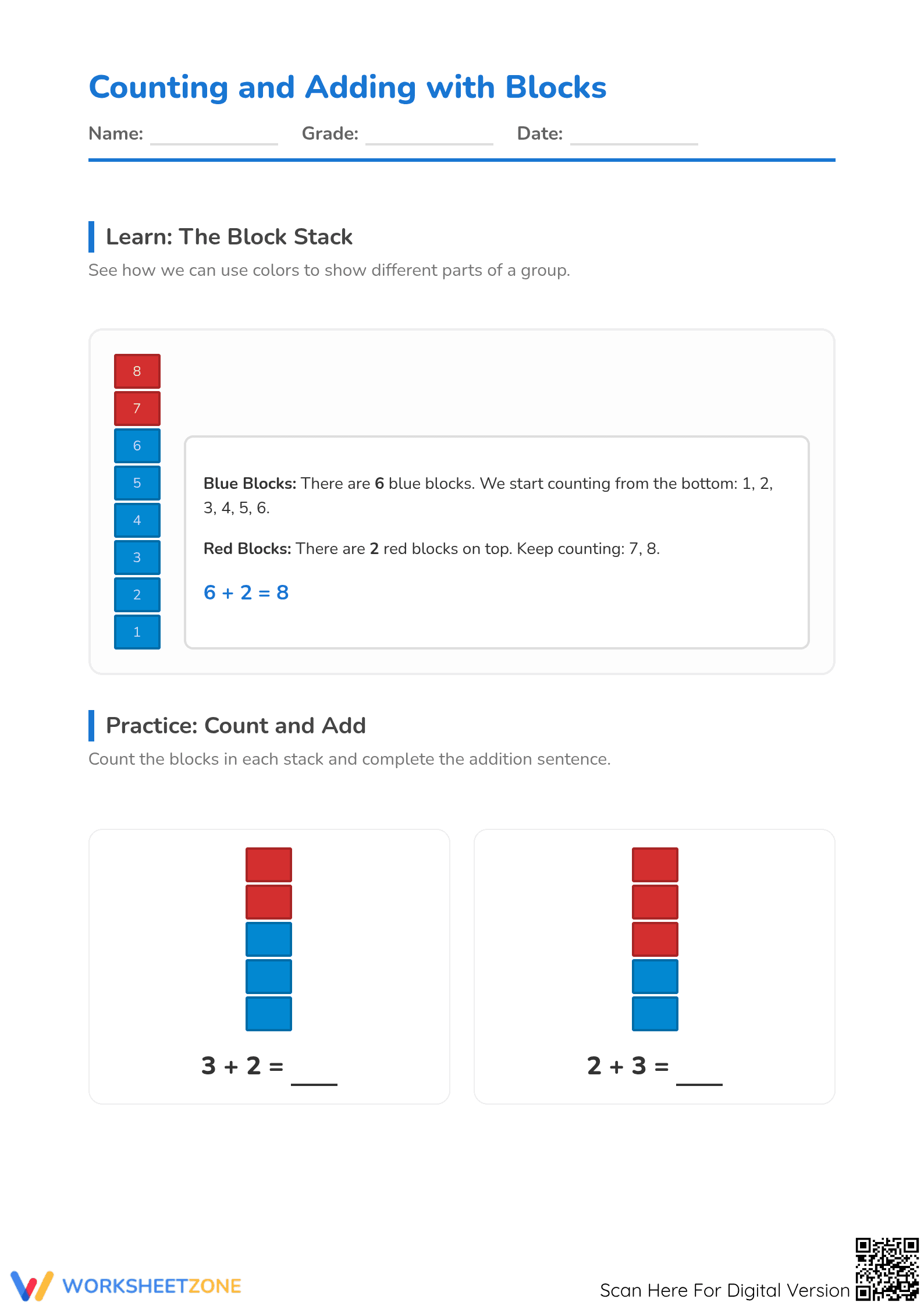 Kindergarten Counting & Adding Blocks | Essential Worksheet - Page 1